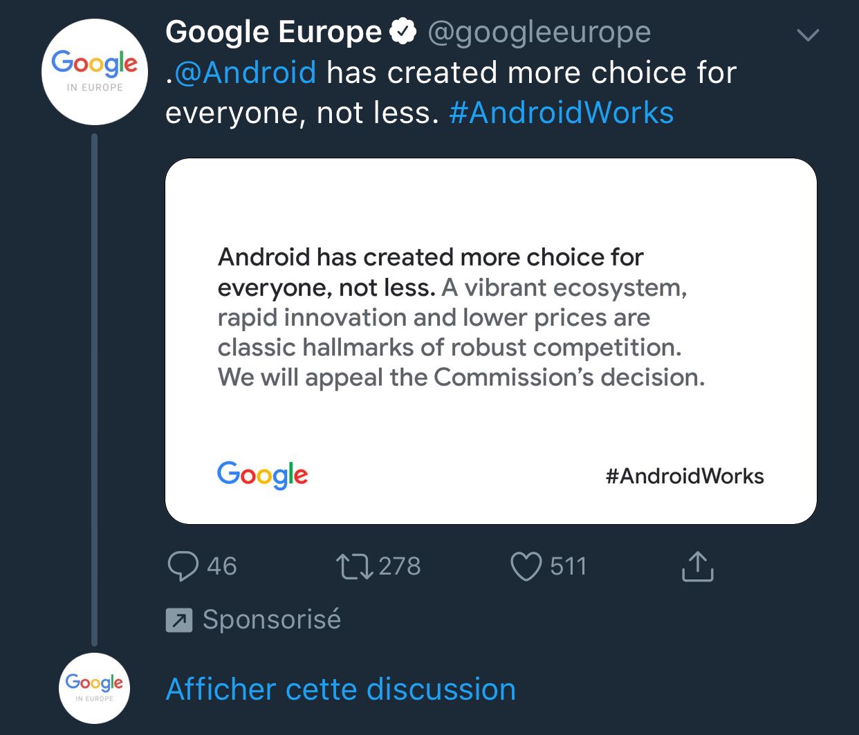 La Commission Européenne sanctionne Google, Google se paie de la pub.